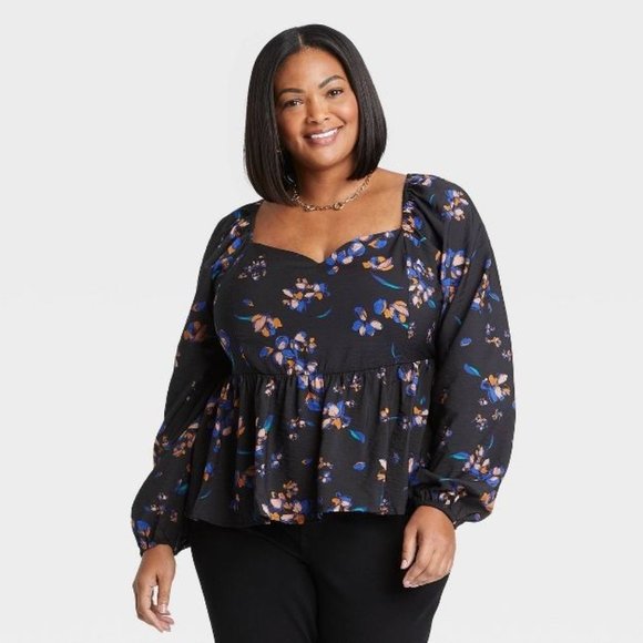 Ava & Viv Women's Top Size 1X Black Peplum Floral Print Long Sleeve Plus New - Picture 10 of 10